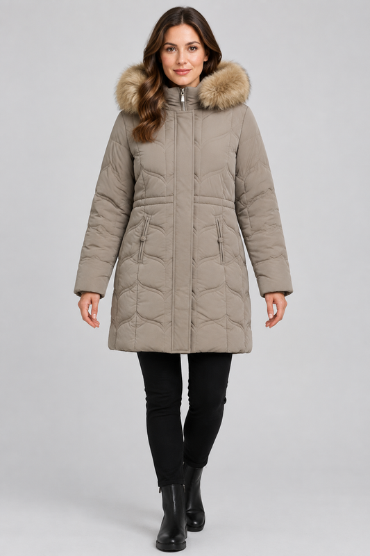 Model wearing a taupe quilted hooded women's jacket